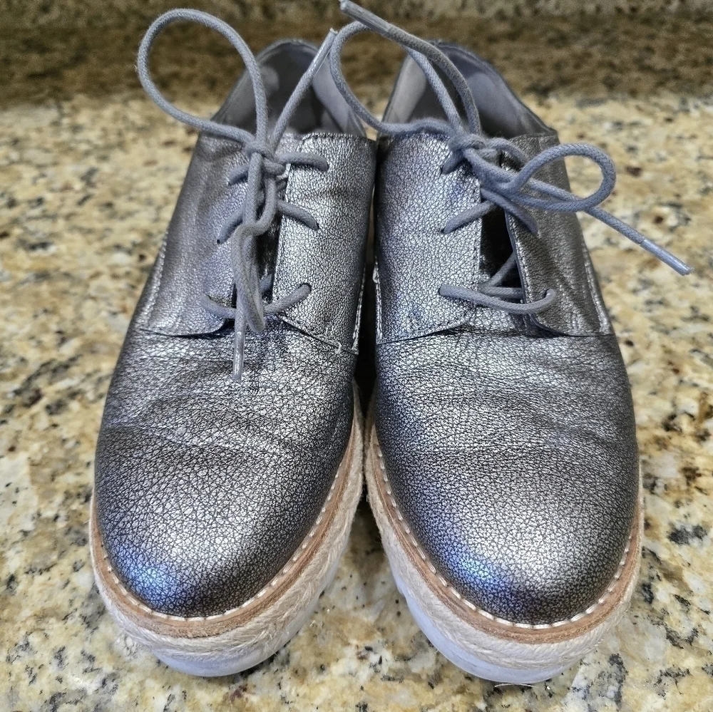 EILEEN FISHER Everly Derby Metallic Silver Leather Laceup Platform Oxford sz 5.5